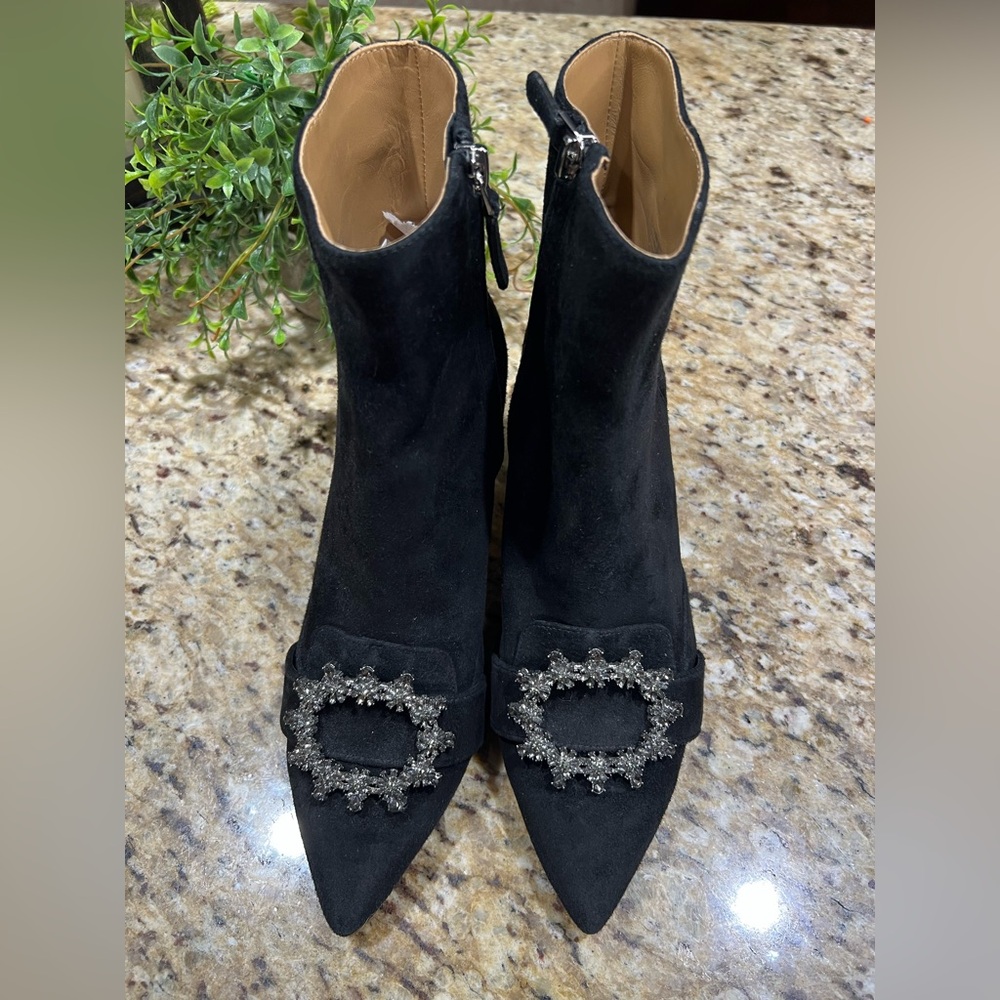TORY BURCH Crystal-Buckle Black Velvet-like Leather Booties w/ Gunpower Metal 8M - Picture 2 of 10
